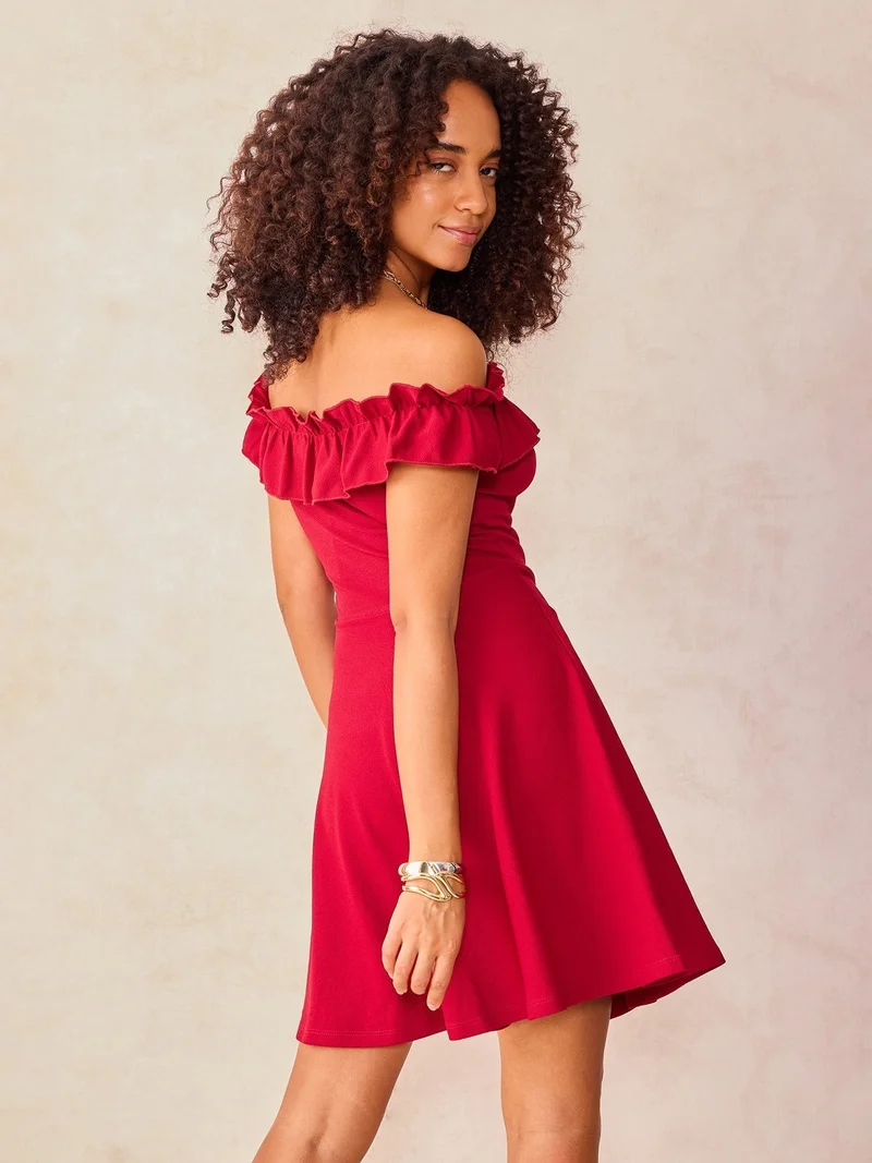 Outzidr  Wine Off-Shoulder Frilled Skater Dress for Women | Best Price UAE